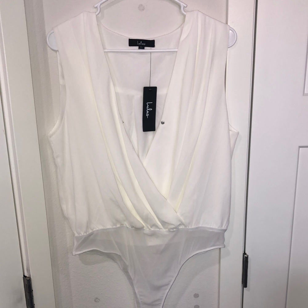 Lulu's Cream Wrap Bodysuit Top with Elegant V-Neck